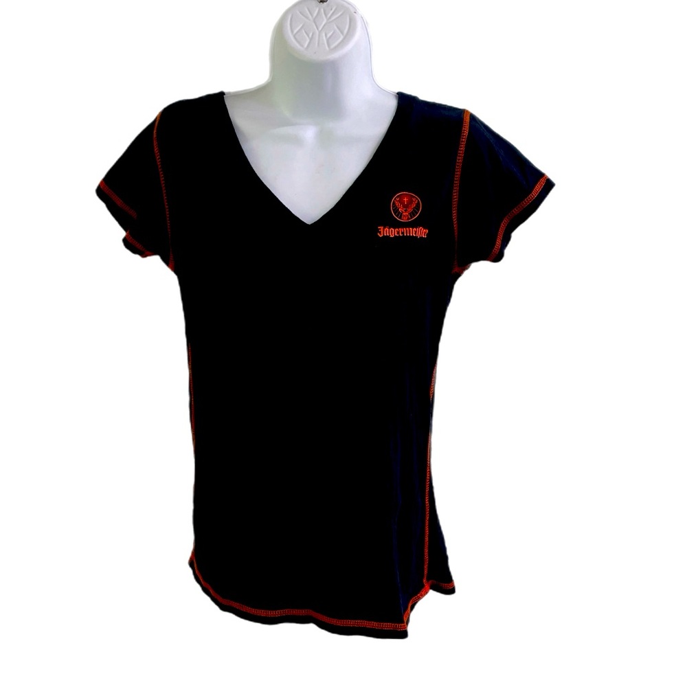 Jagermeister T Shirt Womens S/M Black Short Sleeve V Neck Deer Logo Print Top